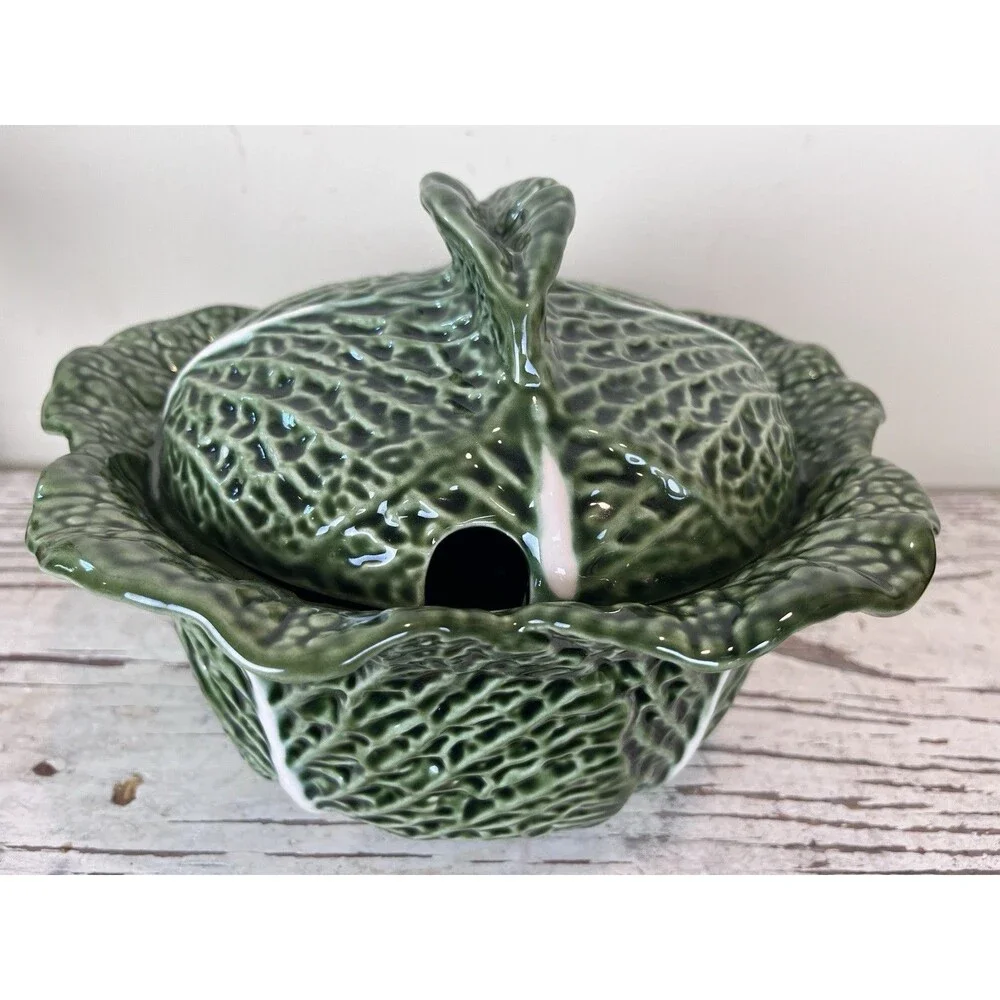 Vintage Majolica Portugal Cabbage Green Lidded Tureen 10.5” x 8” READ